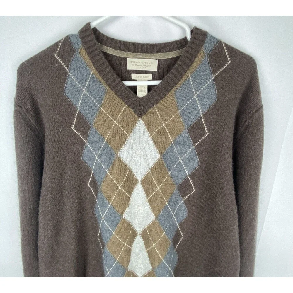 Banana Republic Sweater Mens‎ Large Angora Cotton Cashmere Argyle Brown Luxury